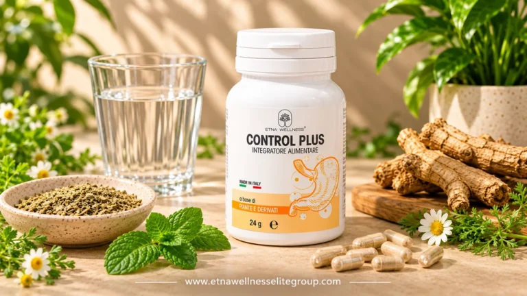 Etna Wellness Control Plus supplement with botanical ingredients, capsules and water