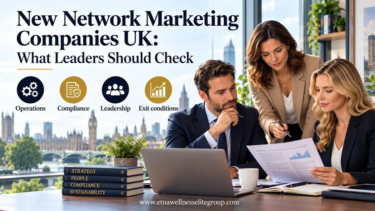 UK business team reviewing operations, compliance, leadership and exit conditions for newer network marketing companies